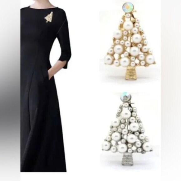 Vintage Pearl and Crystal Christmas Tree Gold Brooch Pin - Picture 2 of 4